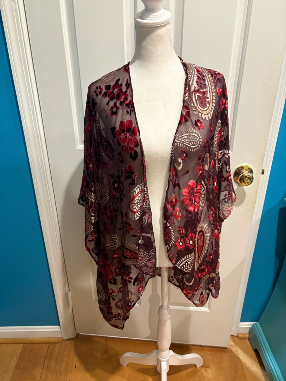 Loft Burnout Velvet Paisley Floral Sheer Kimono top maroon one size boho